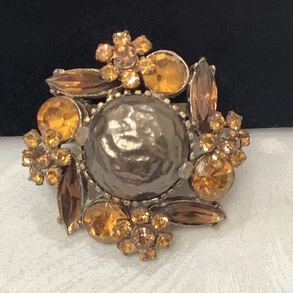 Vintage Amber Rhinestones And Baroque Pearl Brooch